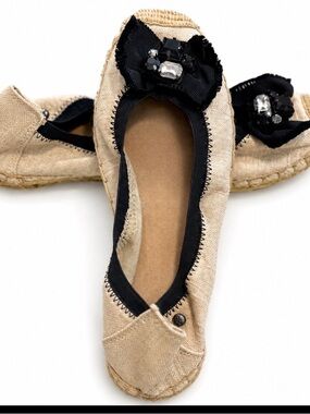 Butterfly Twists Beige Espadrille Ballet Flats Black Jewel Bow Slip On Shoes
